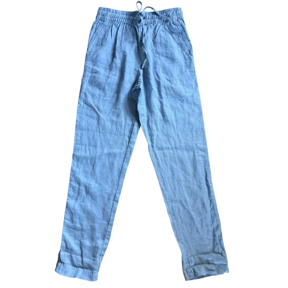 H&M 100%‎ Linen Pants Womens XS Blue Drawstring Elastic Waist Casual Lightweight